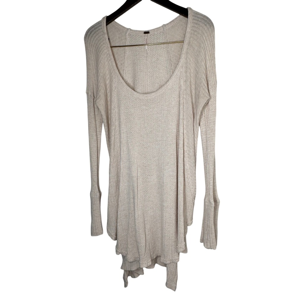 Free People Womens Cream Waffle Knit Thermal Scoop Neck Tunic Top Size Medium